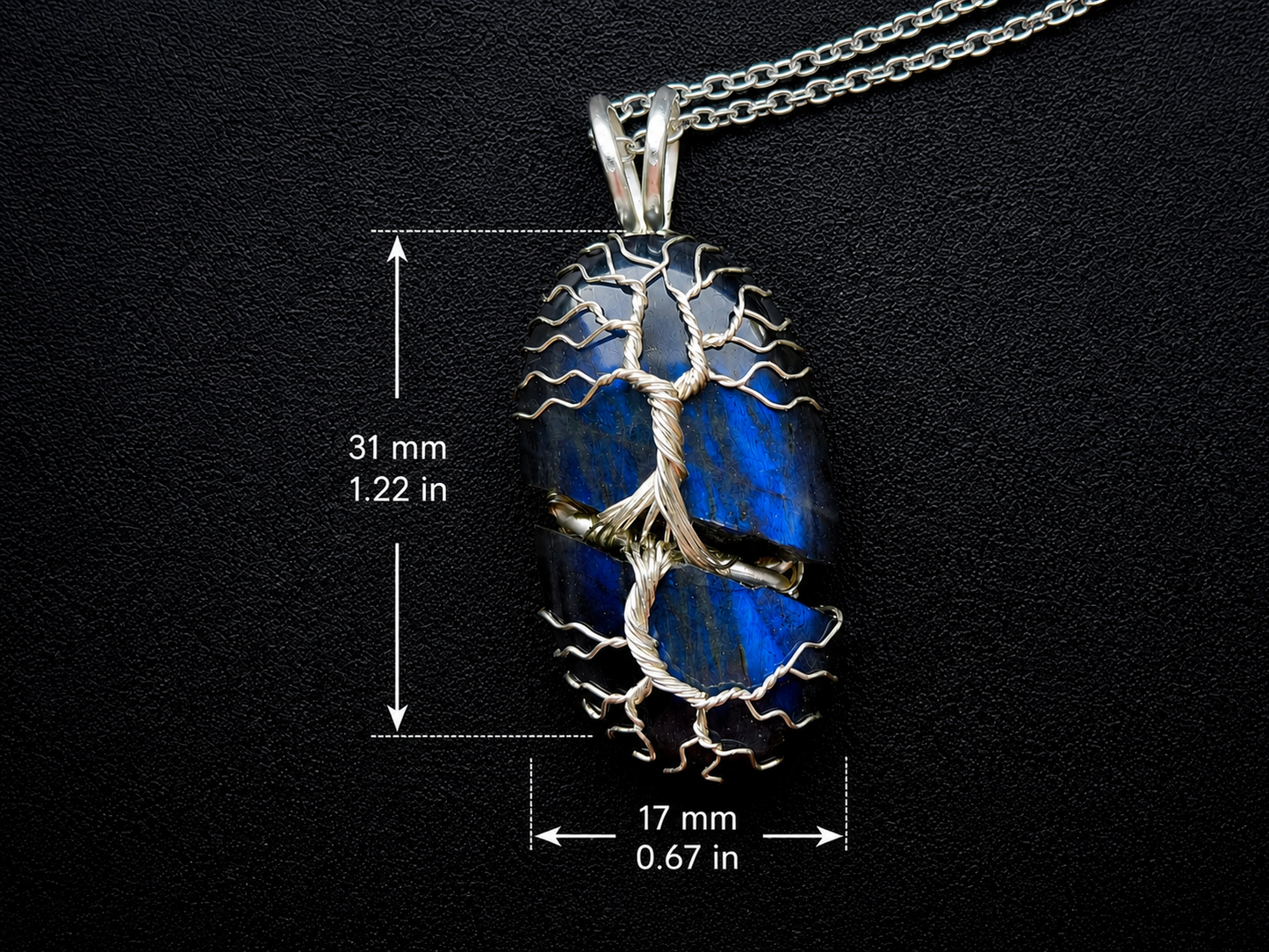 Tree pendant with a broken labradorite gemstone